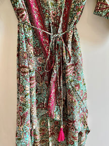 Silk Kimono Dress - PInk/Green Paisley