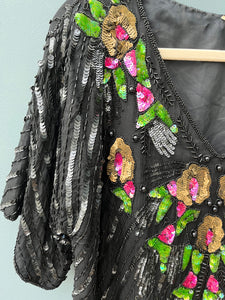 Black Floral Sequin Top