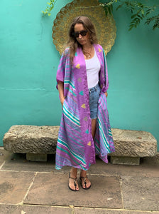 Recycled Silk Kimono/Kaftan - Turquoise/Purple/Gold
